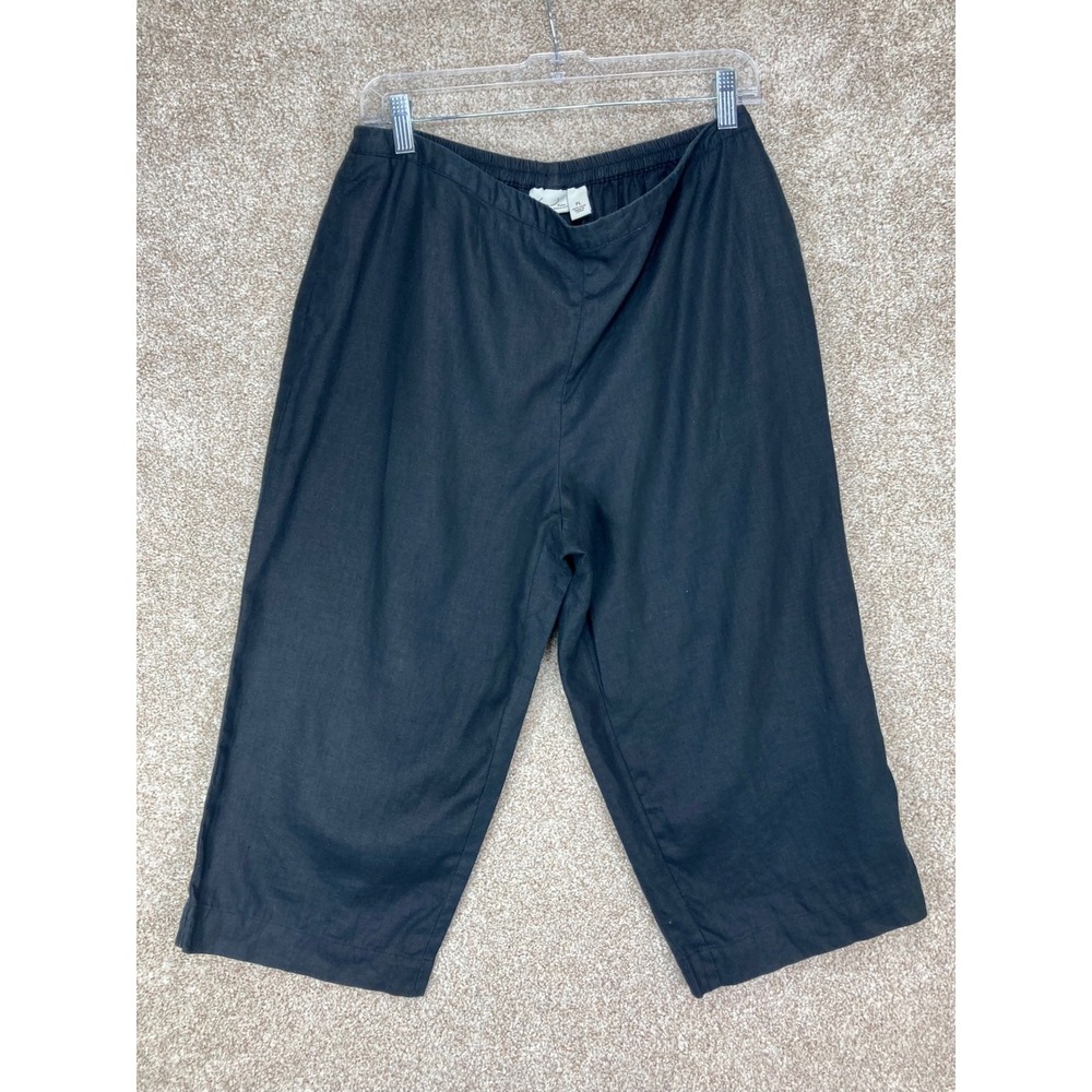 Kim Rogers 100% Linen Wide Leg Pants Women L Black Elastic Waist Pockets Coastal